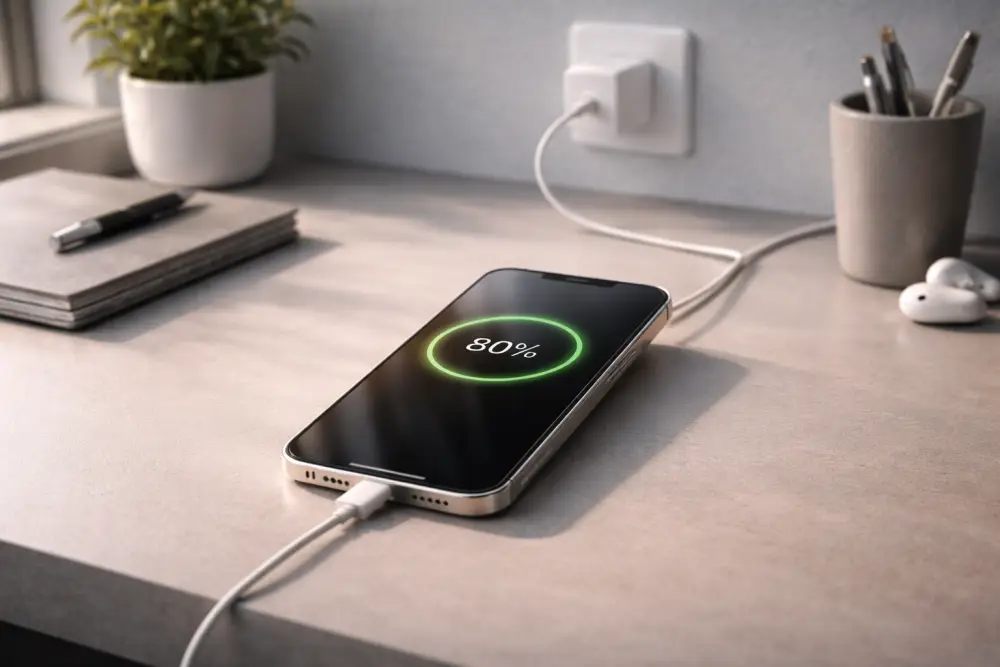 هاتف يشحن على سطح صلب في مكان مظلل ومهوى